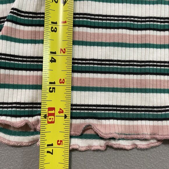 AMBIANCE Cropped Top Striped Ribbed Round Neck Lettuce Edge Short Sleeve L Boho - Picture 7 of 8